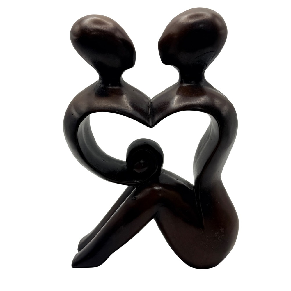 Abstract Family Heart Sculpture Parents Child Figurine Dark Brown 8x5 Wood Look